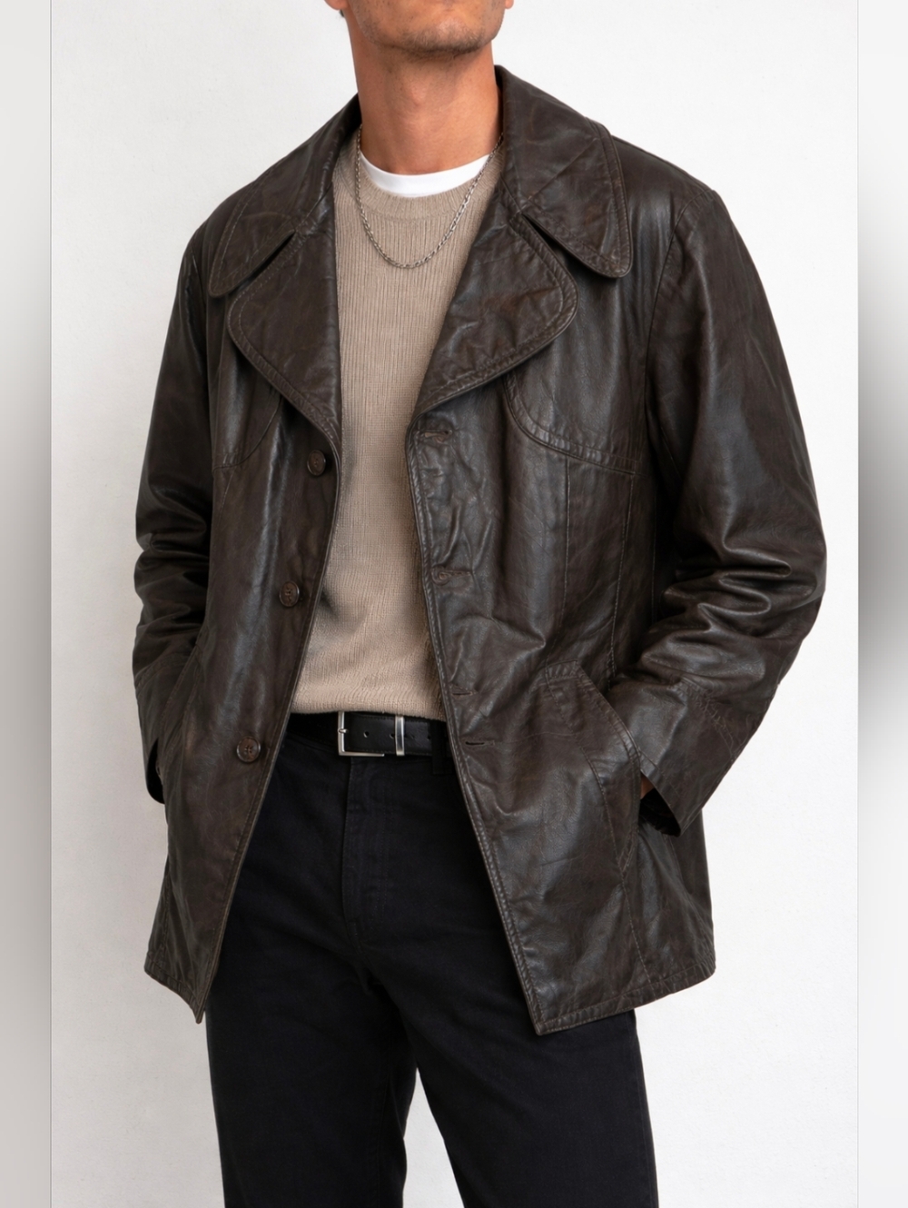 Vintage 70s Sears Brown Leather Coat | Zip Out Faux Fur Lining | Men's M/L